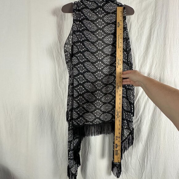 Lavello Womens Black & White Chiffon Convertible Fringe Vest Whimsical Sheer - Picture 7 of 8